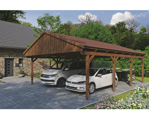 Prístrešok na auto SKAN HOLZ Fichtelberg dvojitý 618 x 808 cm orech vr. šindľov Drevený dvojitý prístrešok pre auto s dvoma zaparkovanými autami