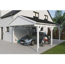 Moderný drevený prístrešok pre auto s automobilom a motocyklom