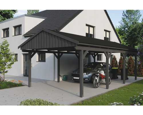 Prístrešok na auto SKAN HOLZ Fichtelberg 423 x 808 cm bridlicovo šedý vr. šindľov Drevený prístrešok pre auto s autom a motocyklom pred domom