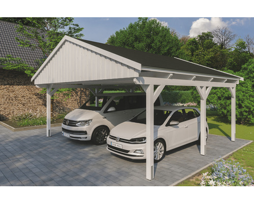 Prístrešok na auto SKAN HOLZ Fichtelberg dvojitý 618 x 566 cm biely vr. šindľov Dvojitý drevený prístrešok pre auto s dvoma zaparkovanými autami