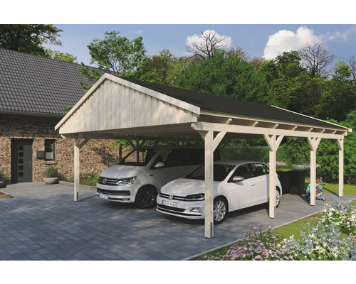 Prístrešok na auto SKAN HOLZ Fichtelberg dvojitý 618 x 808 cm prírodný vr. šindľov Dvojitý drevený prístrešok pre auto s dvomi autami