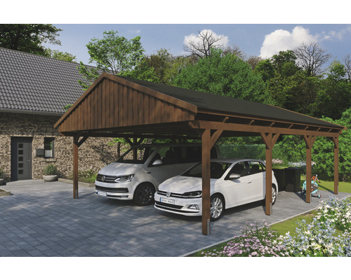 Prístrešok na auto SKAN HOLZ Fichtelberg dvojitý 618 x 808 cm orech vr. šindľov Drevený prístrešok pre auto s dvoma zaparkovanými autami.