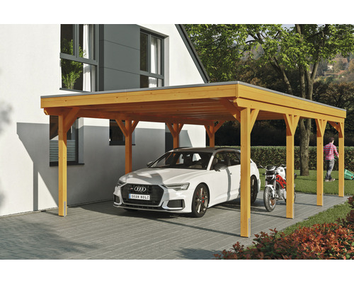 Prístrešok na auto SKAN HOLZ Grunewald 427 x 796 cm dub svetlý vr. EPDM fólia Drevený prístrešok pre auto s automobilom a motocyklom
