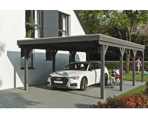 Prístrešok na auto SKAN HOLZ Grunewald 427 x 796 cm bridlicovo sivý vr. EPDM fólia Drevený prístrešok pre auto s automobilom a motocyklom