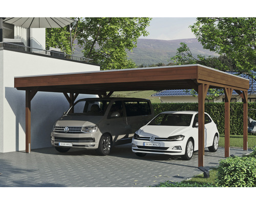 Prístrešok na auto SKAN HOLZ Grunewald dvojitý 622 x 554 cm orech vr. EPDM fólia Dvojitý drevený prístrešok pre auto s dvoma zaparkovanými autami