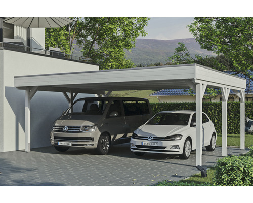 Prístrešok na auto SKAN HOLZ Grunewald dvojitý 622 x 554 cm biely vr. EPDM fólia Drevený prístrešok pre auto s dvoma zaparkovanými autami