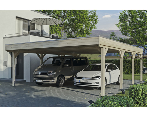 Prístrešok na auto SKAN HOLZ Grunewald dvojitý 622 x 796 cm prírodný vr. EPDM fólia Dvojitý drevený prístrešok pre auto s dvoma zaparkovanými autami