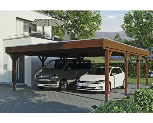 Prístrešok na auto SKAN HOLZ Grunewald dvojitý 622 x 796 cm orech vr. EPDM fólia Drevený prístrešok pre auto s dvoma parkujúcimi autami