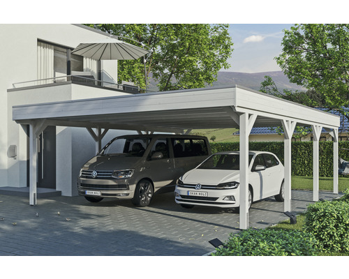 Prístrešok na auto SKAN HOLZ Grunewald dvojitý 622 x 796 cm biely vr. EPDM fólia Drevený prístrešok pre auto s dvoma zaparkovanými autami