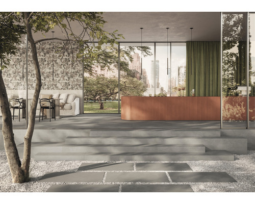 Priestranná izba s kamenným schodiskom, štrkom, terasou a posedením