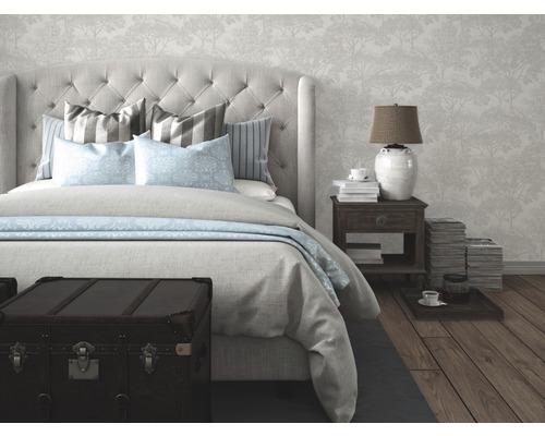 Spálňová scéna s posteľou, nočným stolíkom a dekoratívnymi predmetmi pre útulnú atmosféru