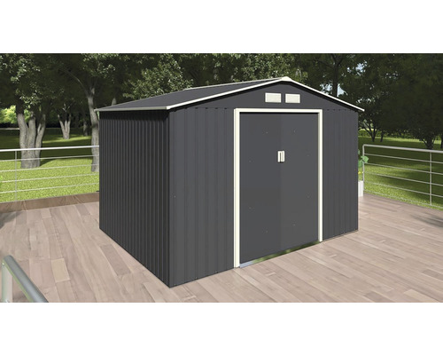 Kovový záhradný domček s dvojkrídlovými dverami na uskladnenie záhradného náradia