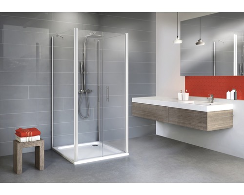 Sprchové dvere s bočnými stenami Schulte Alexa Style 2.0 80x80x80 cm alpská biela Moderná kúpeľňa so sprchovacím kútom, umývadlom a zrkadlom