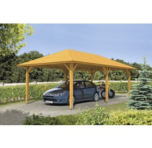 Drevený carport s autom a motorkou pod ním
