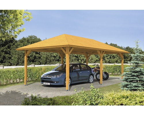 Prístrešok na auto SKAN HOLZ Taunus s úchytmi pre stĺpiky, 439 x 786 cm svetlý dub Drevený carport s autom a motorkou pod ním
