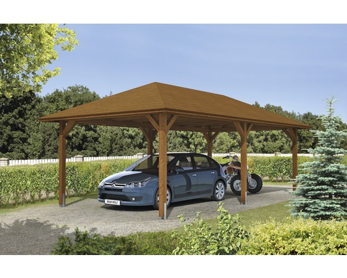 Prístrešok na auto SKAN HOLZ Taunus s úchytmi pre stĺpiky, 439 x 786 cm orech Drevený prístrešok pre auto s automobilom a štvorkolkou