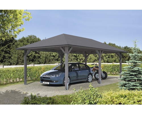 Prístrešok na auto SKAN HOLZ Taunus s kotvami na stĺpiky, 439 x 786 cm bridlicovo sivý Drevený prístrešok pre auto s autom a štvorkolkou