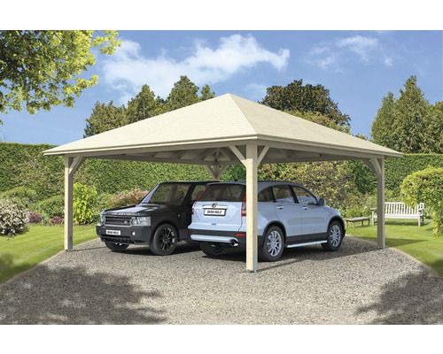Prístrešok na auto dvojitý SKAN HOLZ Taunus s kotvami na stĺpiky 634 x 634 cm prírodný Dvojitý drevený prístrešok pre auto s dvoma zaparkovanými autami