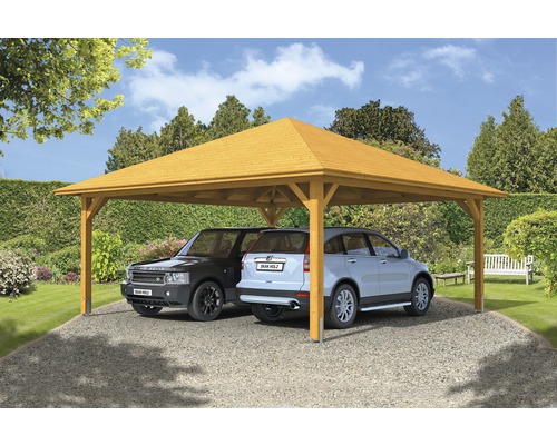 Prístrešok na auto dvojitý SKAN HOLZ Taunus s kotvami na stĺpiky 634 x 634 cm svetlý dub Drevený dvojitý prístrešok pre auto s dvoma zaparkovanými autami