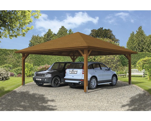 Prístrešok na auto dvojitý SKAN HOLZ Taunus s kotvami na stĺpiky 634 x 634 cm orech Dvojitý drevený prístrešok pre auto s dvoma zaparkovanými autami