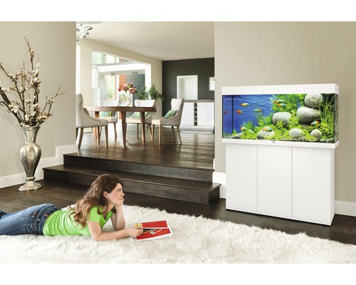 Obývacia izba s akváriom na skrinke a ženou na koberci