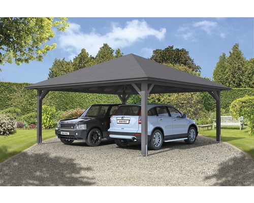 Prístrešok na auto dvojitý SKAN HOLZ Taunus s kotvami na stĺpiky 634 x 634 cm bridlicovo sivá Dvojitý drevený prístrešok pre auto s dvoma zaparkovanými autami