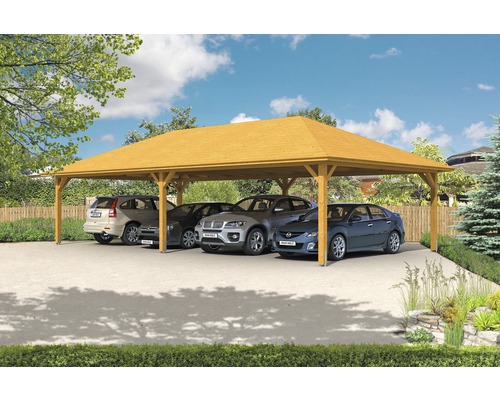 Prístrešok na auto SKAN HOLZ Taunus 1176 x 634 cm, lakovaný svetlý dub Drevený prístrešok pre auto s niekoľkými autami vonku.