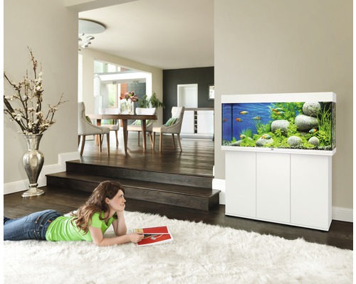Obývacia izba s akváriom na skrinke, plná rýb, rastlín a kameňov