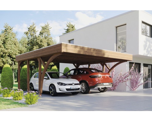 Prístrešok na auto Skan Holz Friesland dvojitý 557x555 cm orech vr. alu plechu a 2 oblúkov Prístrešok na auto Skan Holz Friesland dvojitý 557x555 cm orech vr. alu plechu a 2 oblúkov