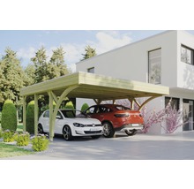 Drevený dvojitý prístrešok pre auto s dvoma zaparkovanými autami pred moderným domom