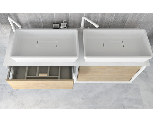 Dvojité umývadlo so skrinkou a otvorenými zásuvkami