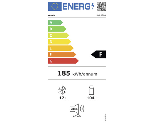 Energetický štítok Htech WR2200 s triedou energetickej účinnosti F, ročnou spotrebou energie 185 kilowatthodín, objemom mraziaceho priestoru 17 litrov, objemom chladiaceho priestoru 104 litrov a hlučnosťou 38 decibelov.