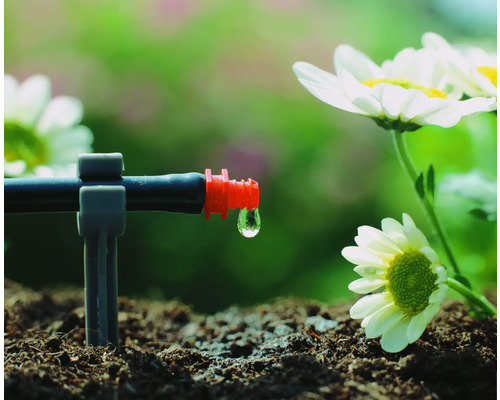 Kvapkový zavlažovací systém v prevádzke s kvapkami vody a rastlinami