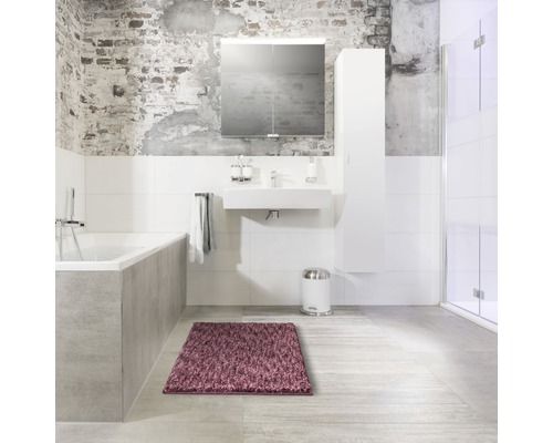 Kúpeľňa s vaňou, umývadlom, zrkadlovou skrinkou, vysokou skrinkou, nášľapným košom a kobercom