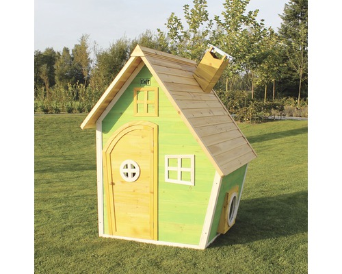 Drevený hrací domček s dverami, oknami a komínom