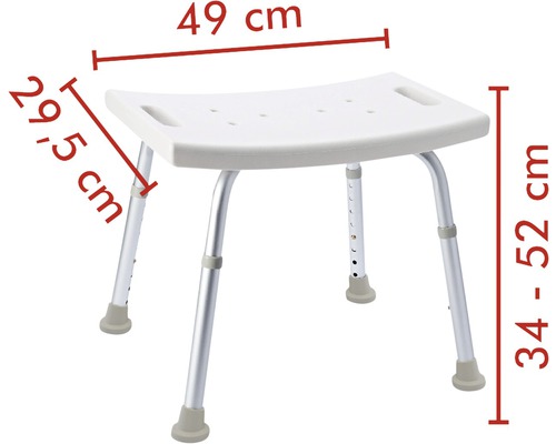 Sprchová stolička s nastaviteľnými nohami s rozmermi 49 x 29,5 x 34 až 52 centimetrov.