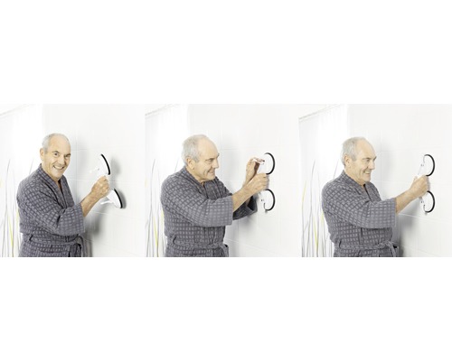 Muž upevňuje držadlo s prísavkami v kúpeľni