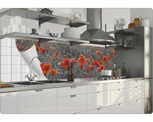 Kuchynská zástena s motívom vlčieho maku za drezom v modernej kuchyni.