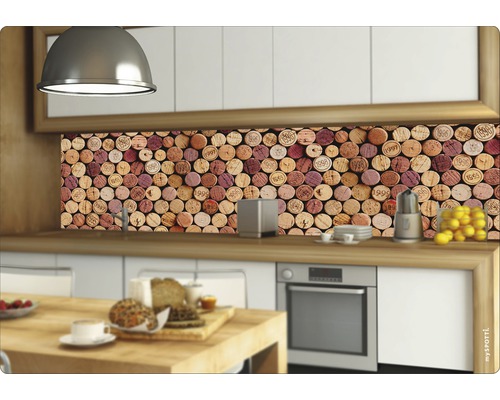 Kuchynská scéna s kuchynskou zástenou so vzorom korku