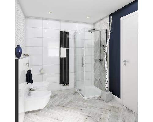 Kúpeľňa so sprchovacím kútom, toaletou, bidetom a radiátorom