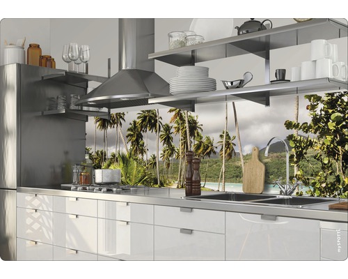 Kuchynská scéna s umývadlom, varnou doskou a kuchynským panelom s motívom paliem