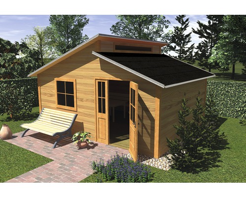 Drevený záhradný domček s oknom a otvorenými dverami a lavičkou pred domom