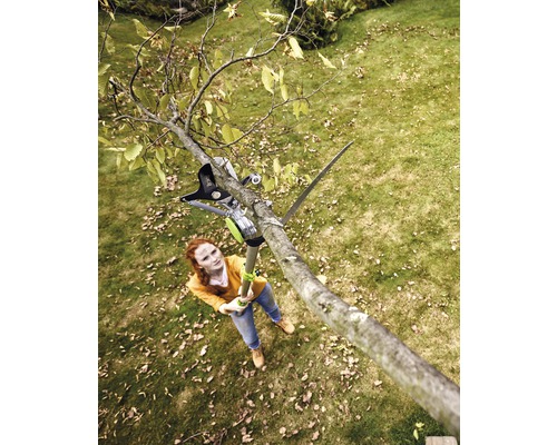 Žena používa reťazovú pílu na tyči na prerezávanie stromu v záhrade.