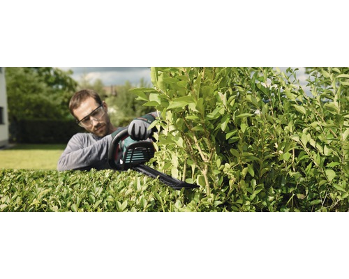 Muž strihá živý plot pomocou nožníc na živý plot