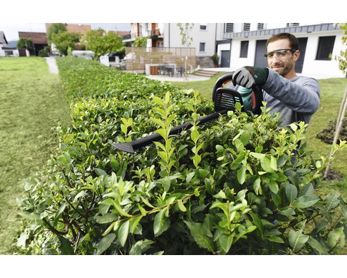 Muž strihá živý plot nožnicami na živý plot v záhrade.