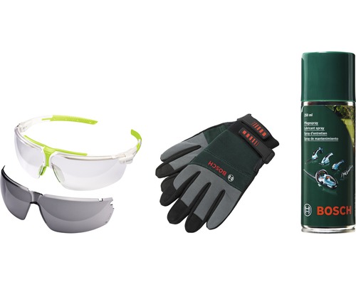 Ochranné okuliare, pracovné rukavice a ošetrujúci sprej od spoločnosti Bosch