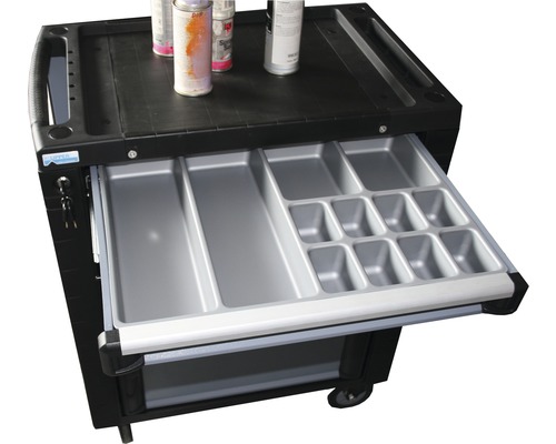 Pojazdný vozík na náradie so zásuvkou a priehradkami na uloženie