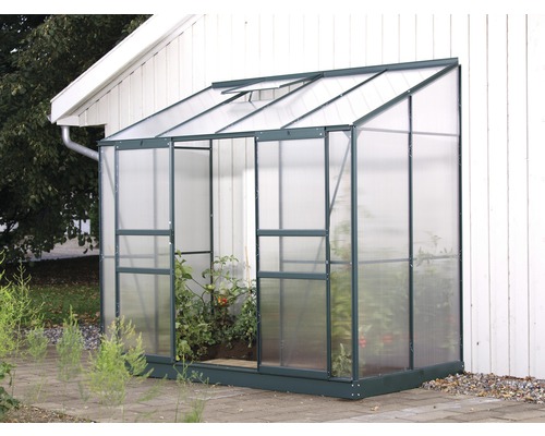 Skleník s rastlinami pred stenou domu