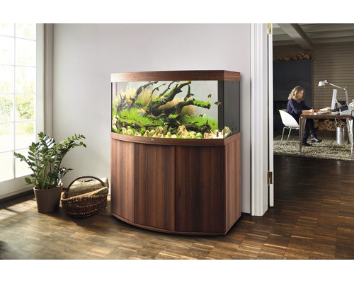 Zariadené akvárium so skrinkou v obývacej izbe