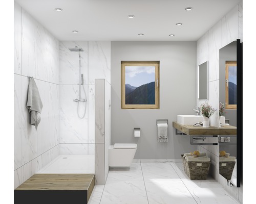 Svetlá kúpeľňa so sprchou, umývadlom, zrkadlom a oknom